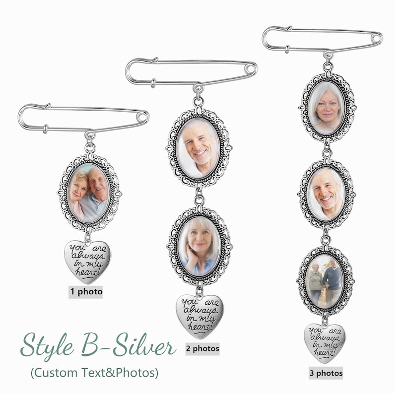 Custom Bridal Bouquet Charm, Personalized Memorial Photo Pin for Bride or Groom, Wedding Remembrance Gift image 17