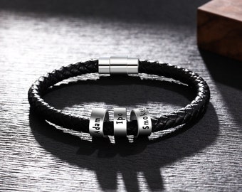 Personalized Leather Bracelet for Dad,Custom Bracelet For Men,Handmade Leather Jewelry with 1-5 Silver Beads,Fathers Day Gifts