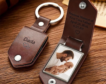 Personalized Leather Keychain for Men,Custom Metal Tag Photo Keychain,Engraved Keyring,Father's Day Anniversary Gift for Husband