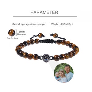 Bracelet photo pour homme en pierre de lave, bracelets de projection de photos pour femme, bracelet de perles photo, bracelet de perles avec photo à l'intérieur pour mari Tiger Eye Stone