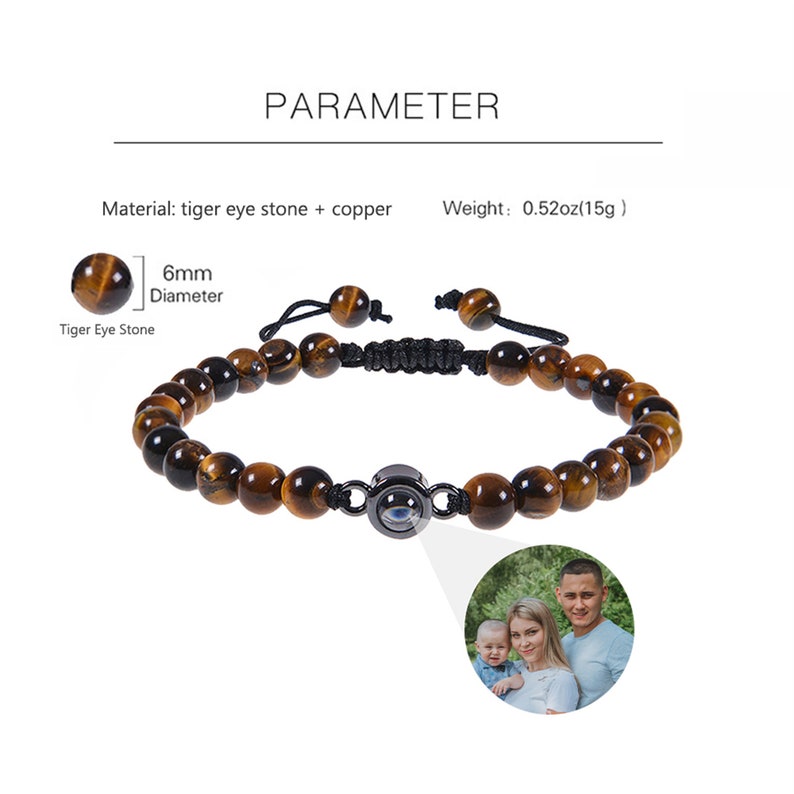 Lava Stone Mens Photo Bracelet, Photo Projection Bracelets for Women, Photo Bead bracelet, Beaded Bracelet with Picture inside for Husband Tiger Eye Stone