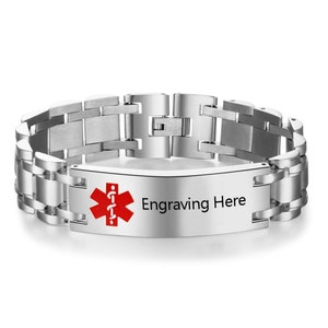 Custom Medical Alert Bracelet for Men Stainless Steel Medical Bracelet Custom Asthma Epilepsy Bracelet
