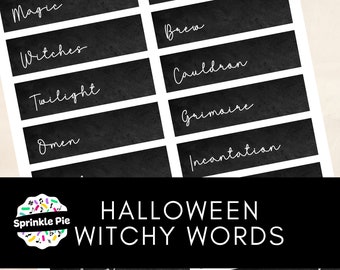 Puede incluir: Etiquetas imprimibles en blanco y negro con palabras de temática de Halloween como "Magia", "Hechizos", "Brujas", "Cerveza", "Caldero", "Grimorio", "Incantación", "Crepúsculo", "Presagio", "Poción" y "Sobrenatural".