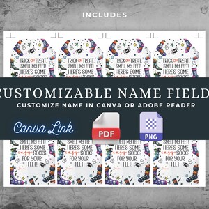 Puede incluir: Etiquetas de bolsas de golosinas de Halloween imprimibles con un dise&ntilde;o de calcetines coloridos y el texto "Trick or Treat, Smell My Feet! Here's Some Socks". Las etiquetas son personalizables con un campo de nombre y est&aacute;n disponibles en formatos PDF y PNG.