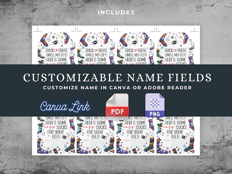 Puede incluir: Etiquetas de bolsas de golosinas de Halloween imprimibles con un dise&ntilde;o de calcetines coloridos y el texto "Trick or Treat, Smell My Feet! Here's Some Socks". Las etiquetas son personalizables con un campo de nombre y est&aacute;n disponibles en formatos PDF y PNG.