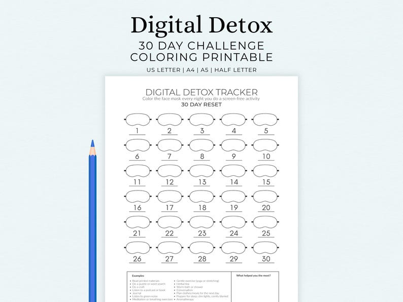 Digital Detox Coloring Printable Tracker 30 Day Challenge | Evening ...