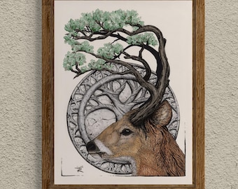 Guardião da Floresta. Ilustração feita à mão com caneta e tinta.
