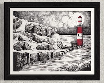 Faro del Norte. Dibujo a mano con pluma y tinta en blanco y negro.