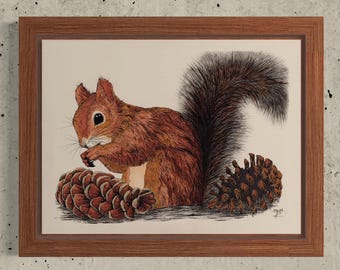 El tesoro de una ardilla roja. Impresión artística en giclée dibujada a mano con pluma y tinta.