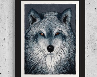 Winter’s Soul. Hand Drawn Pen and Ink Wolf Illustration.