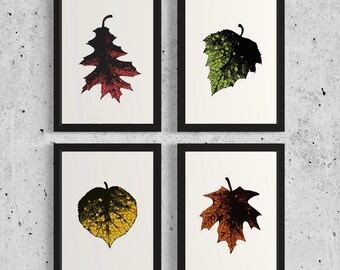Può includere: Quattro stampe incorniciate in nero con passepartout bianchi, ciascuna con una silhouette diversa di una foglia. Le foglie sono in tonalità di rosso, verde, giallo e marrone.