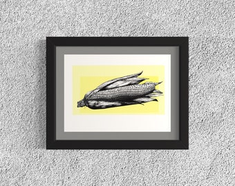 Maíz. Ilustración botánica dibujada a mano con pluma y tinta.