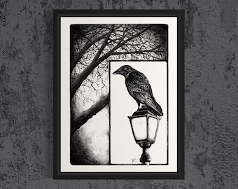 Cuervo sobre una lámpara. Ilustración dibujada a mano con pluma y tinta.