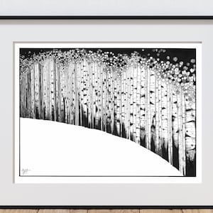 Eternal Aspen. Hand Drawn Black and White Pen and Ink Illustration.