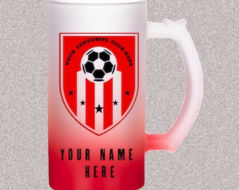 Personalised 16oz Glass Beer Stein Football Inspired With Your Favourite Teams Badge