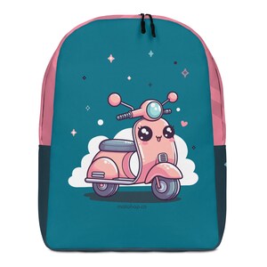 May include: A teal backpack with pink side panels featuring a central graphic of a cute pink scooter with large eyes and a smiling face. The design includes white clouds, small stars, and a heart, with the text motohop.co printed at the bottom.