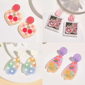 Pendientes acrílicos de arcilla minimalista kawaii anime japonés estilo callejero coreano kpop moda lindo y2k boho flor cereza arco iris arte pendientes