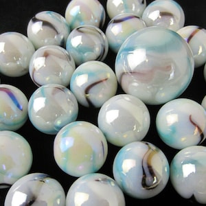 25 Glass Marbles WHITE TIGER iridescent White Blue Black Game pack Shooter Swirl