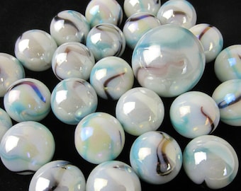 25 canicas de vidrio TIGRE BLANCO iridiscente Blanco Azul Negro Paquete de juego Shooter Swirl