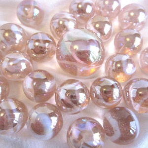 25 Glass Marbles JELLYFISH Pink/White Soap Bubble game vtg style Shooter Swirl