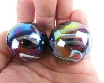 2 Boulders35mm MILKY WAY Marbles glass ball oil slick large huge Swirl