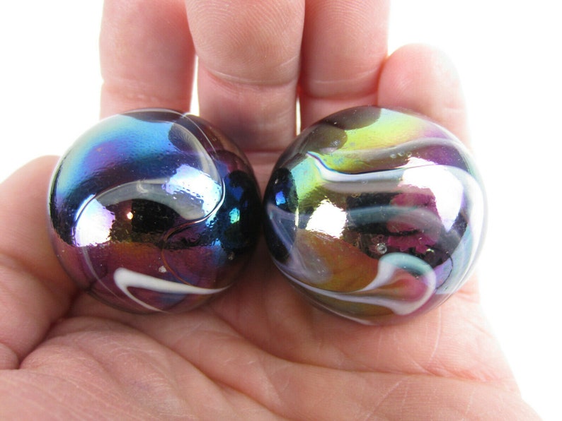 2 Boulders35mm MILKY WAY Marbles glass ball oil slick large huge Swirl image 1