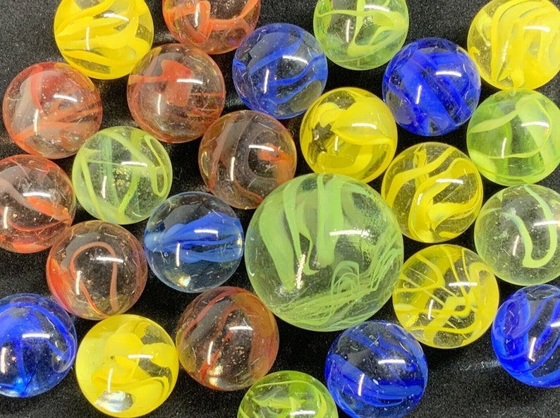 25 Glass Marbles Spiral Galaxy Confetti Spaghetti Cat Eye Red/yellow ...