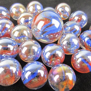 25 Marbles SUNRISE Red/Blue Vanes Clear Glass game pack vtg style Shooter