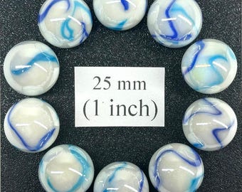 Canicas de vidrio TIGER SHARK blancas/azules de 25 mm (1 pulgada) SHOOTER Taw (Lote de 10)