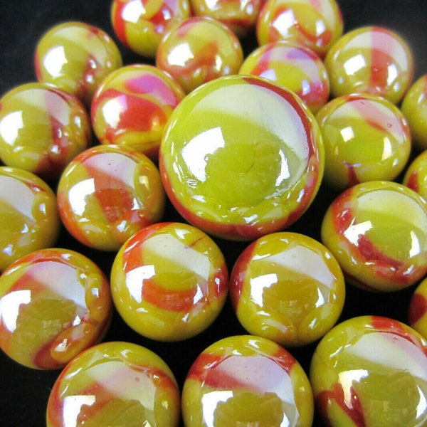 25 Glass Marbles SUN Fire RED/YELLOW Opal iridescent Shooter game style Swirl