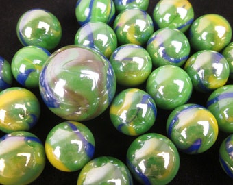 25 Glass Marbles PEACOCK iridescent Green Blue Yellow Game Pack Shooter Swirl