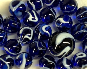 25 Canicas de Vidrio AGUA Translúcido Azul Claro Blanco Remolino Pack Shooter