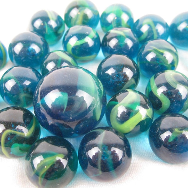 25 Glass Marbles SEA TURTLE Sea Blue/Green Translucent Game Pack Shooter Swirl