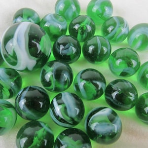 25 Marbles ENCHANTED FOREST Green Glass White Swirl game pack vtg style Shooter