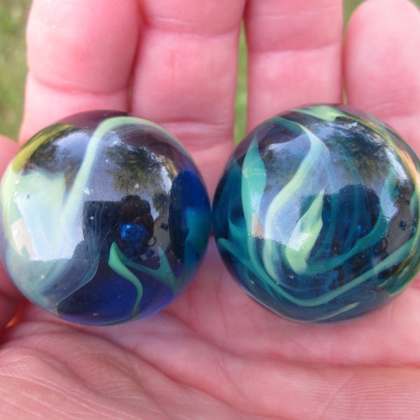 2 Boulders 35mm SEA TURTLE Marbles glass ball Clear Blue/Greenhuge Swirl