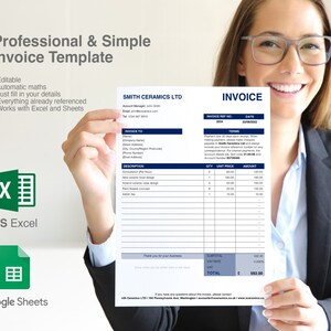 Invoice Template - Excel and Google Sheets, Simple Professional Business Invoice, Editable Printable Template, Excel, Google Docs, PDF