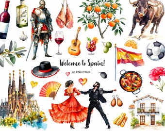 Watercolor Spain Clipart: Spanish Symbols, Barcelona, Madrid (PNG Digital Download)