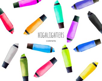 Watercolor colored highlighters clipart. 14 colored markers set. School writing supplies set. Felt-tip pen. (PNG Digital Files)