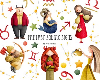 Watercolor Zodiac signs and constellation clipart Horoscope signs illustration Fantasy Zodiac signs (Digital Download)