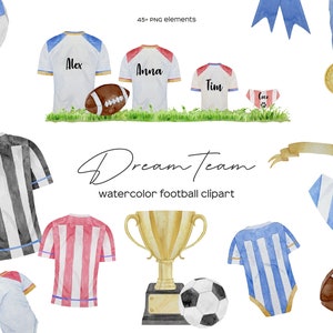 Clipart de camiseta de fútbol en acuarela para estampado familiar. Clip art de camiseta de fútbol. Ilustración de camiseta a rayas de fútbol. Camiseta familiar deportiva PNG
