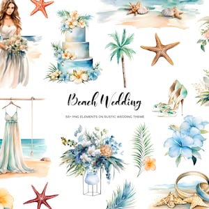 Aquarell Strand Hochzeit Clipart. Strand Hochzeit Thema ClipArt. Meer und Sand Hochzeit Ideen Einladungsdekor. Aquarell Braut und Bräutigam PNG