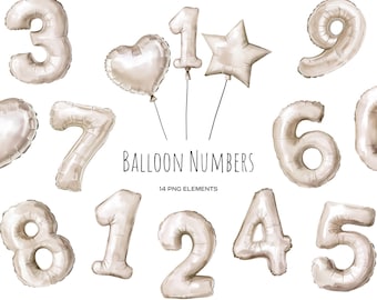 Watercolor Balloon Numbers Clipart: Beige Birthday Digits (PNG Digital Download)