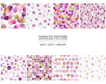 Watercolor abstract seamless pattern. Pink, purple and beige dots and stars background. Confetti background. Nursery pattern (Digital JPG)
