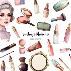 Clipart de maquiagem retrô vintage aquarela. Retrato de mulher senhora vintage. Clipart de cosméticos femininos retrô. Moda e beleza 36 tema retrô PNG.