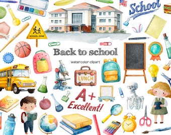 Watercolor Back to school clipart. School supplies PNG. School backpack, chalkboard, pupil, school signs. School supplies. First school day