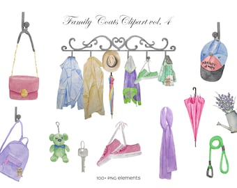 May include: A watercolor illustration of a family coat rack with various items hanging on it, including a light blue jacket, a beige jacket, a purple hooded jacket, a green and white striped scarf, a pink umbrella, a purple scarf, a pink purse, a purple backpack, a green teddy bear, a red shoe, a blue baseball cap, a green rope, and a lavender plant in a watering can. The text "Family Coats Clipart vol. 4" is written at the top of the image. The text "100+ PNG elements" is written at the bottom of the image.