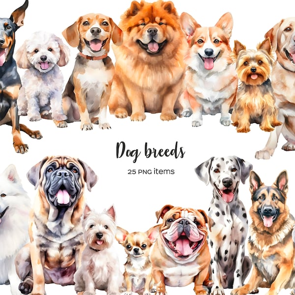 Watercolor dog breeds clipart. Whole body dogs clip art. Dog types 25 PNG. Small medium large dog breeds. Dog lover gift. Puppy clipart.