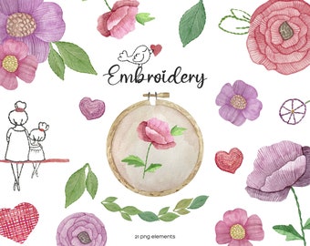Watercolor Floral Embroidery Clipart: Hoop PNG Elements (Digital Download)