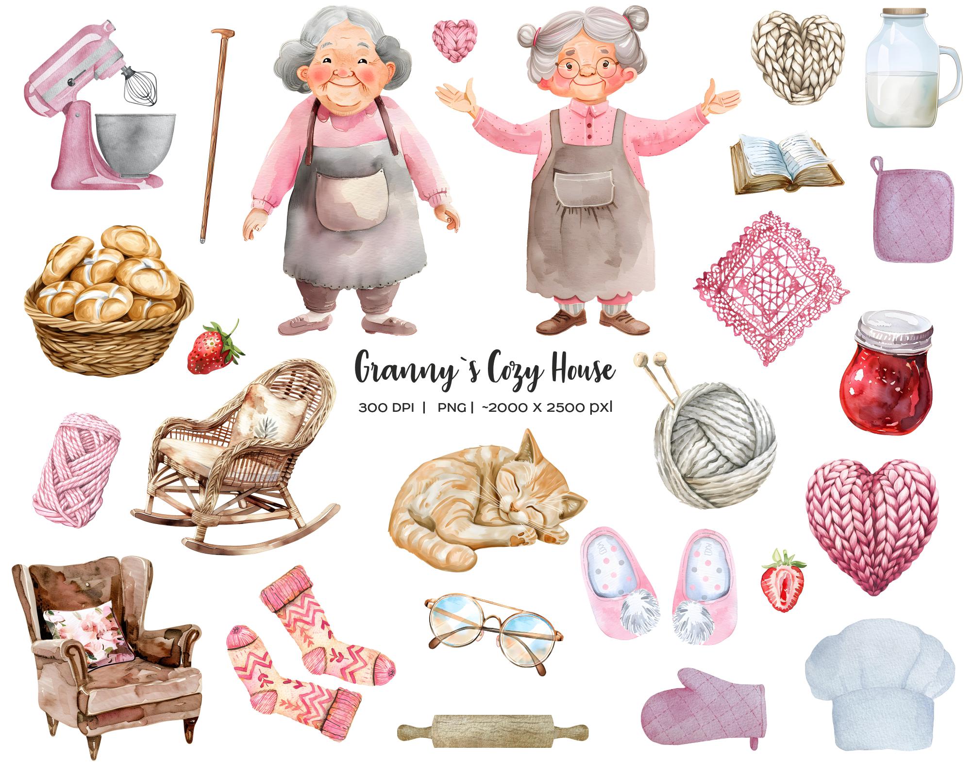 Watercolor Granny's Cozy Home Clipart: Grandma PNG Set (27 Files) - Etsy