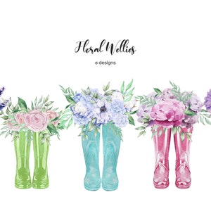 Botas de agua de acuarela con clipart de flores. Botas de lluvia florales - 6 PNG ilustración de botas de agua florales.  Botas de agua de primavera brillantes. Welly floral